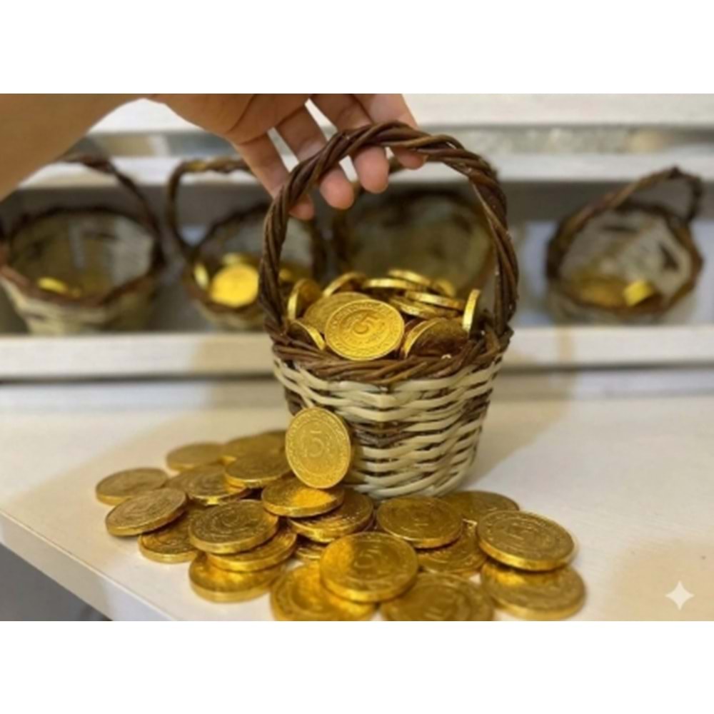 MİNİ HASIR SEPET İÇİNDE ALTIN PARA ÇİKOLATA 100 ADET