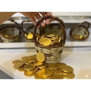MİNİ HASIR SEPET İÇİNDE ALTIN PARA ÇİKOLATA 100 ADET