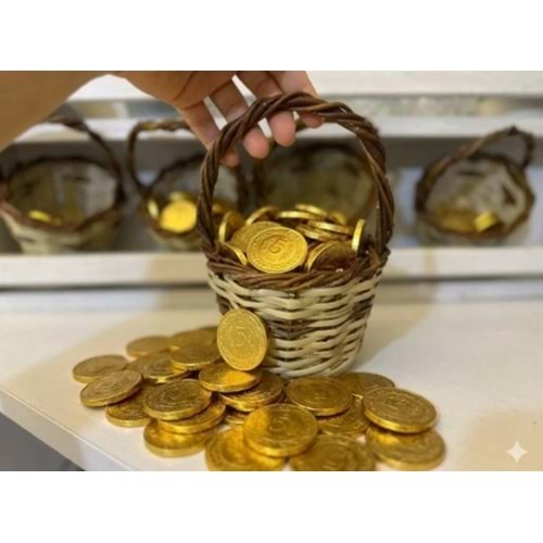 MİNİ HASIR SEPET İÇİNDE ALTIN PARA ÇİKOLATA 100 ADET